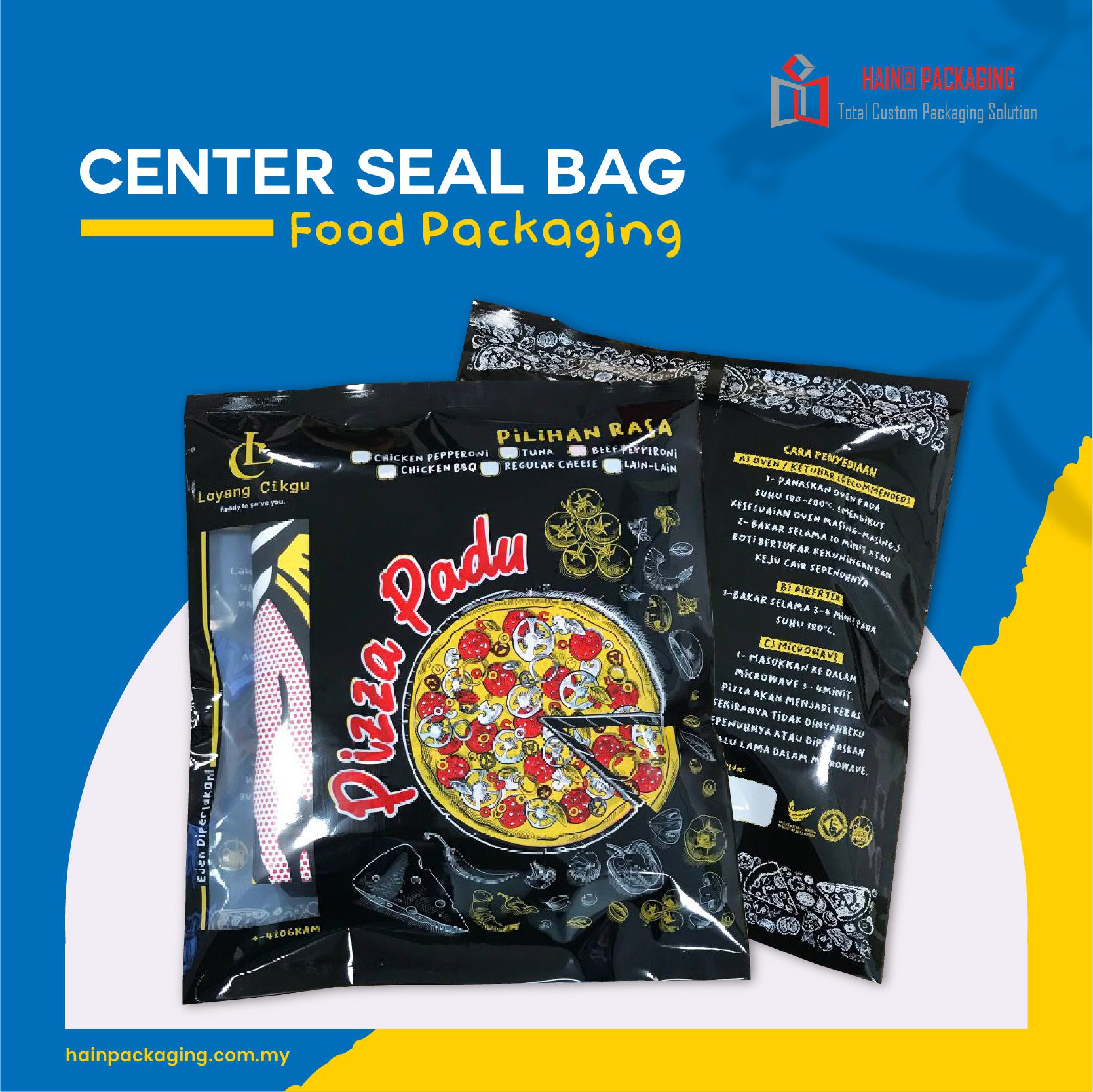Center seal bag with continuous wrap print design